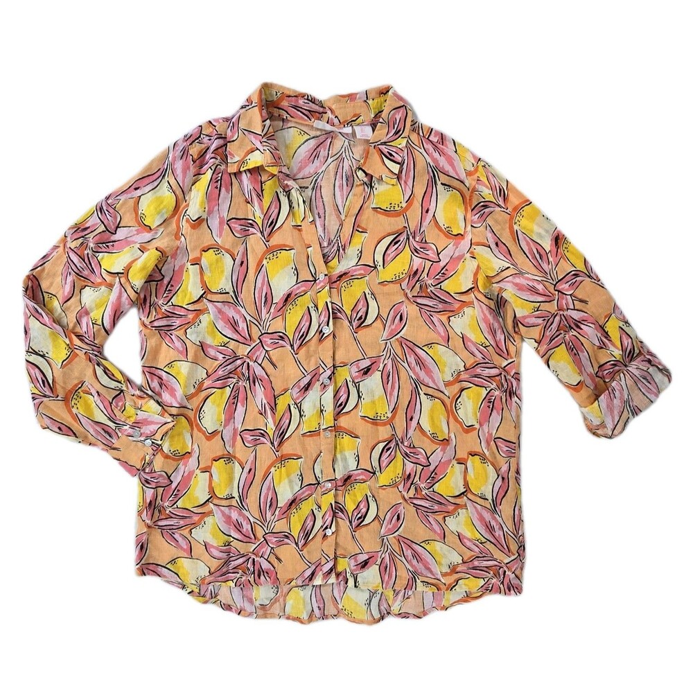 Isaac Mizrahi New York 100% Linen Floral Button Front Blouse Roll Tab Sleeve L